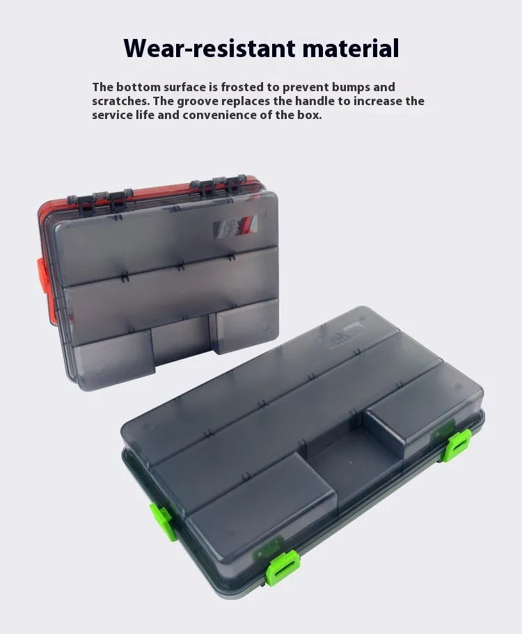 Transparent orange waterproof PP plastic fishing lure storage box with lures inside