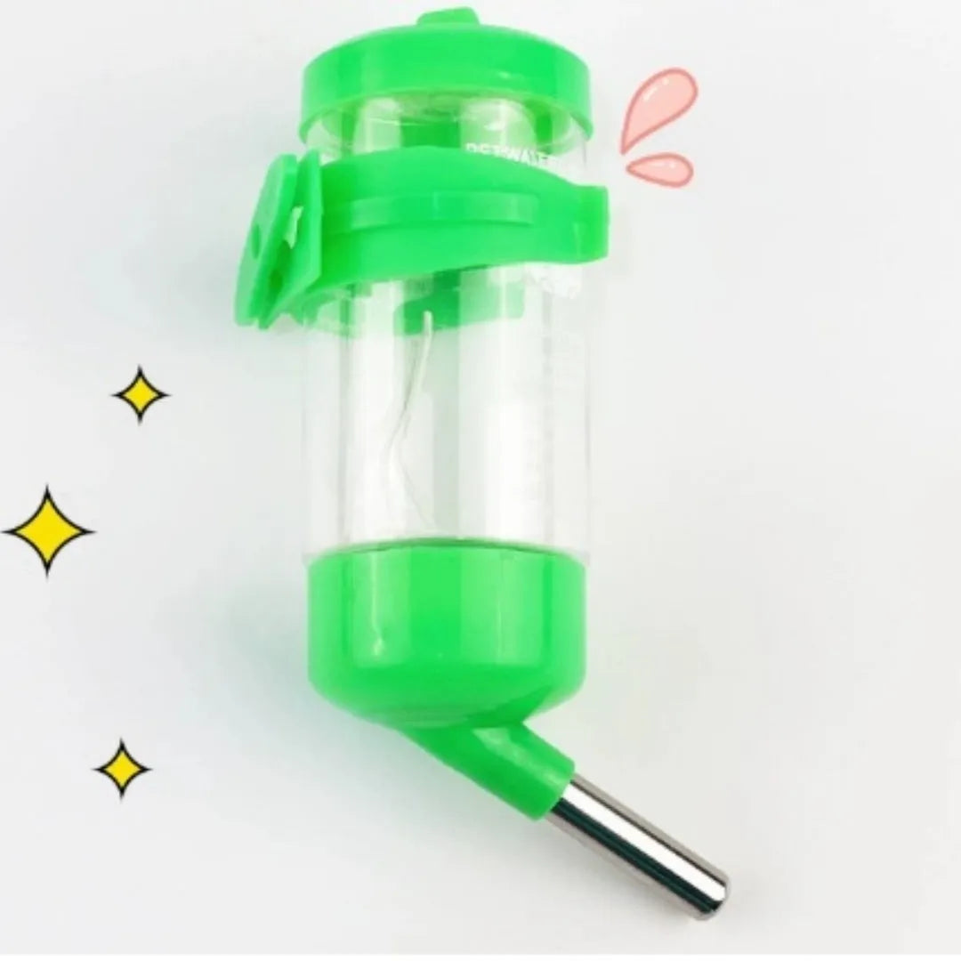 Green plastic ball kettle water feeder for small pets with metal spring clip, shown in 250ml size.
