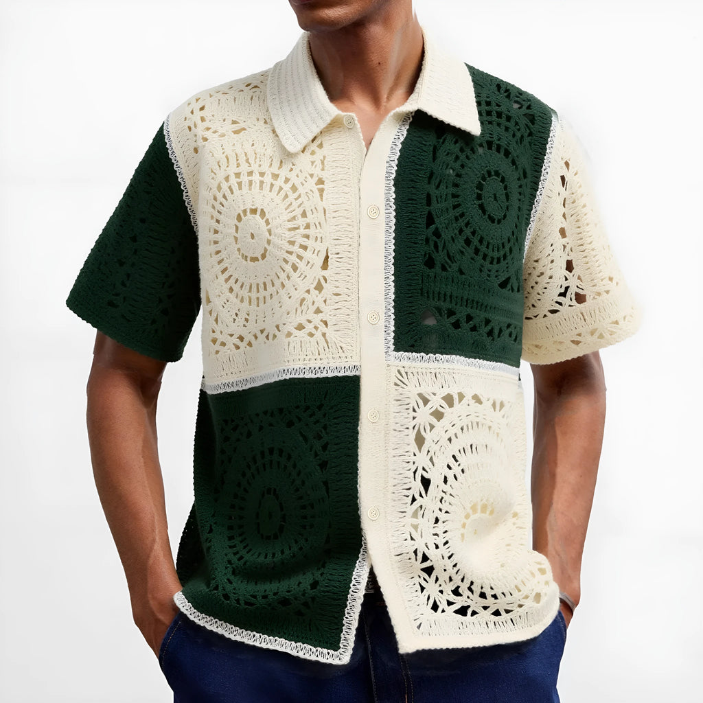 Beige men's knitted shirt with colourblock pattern and flocking detail on short sleeves.