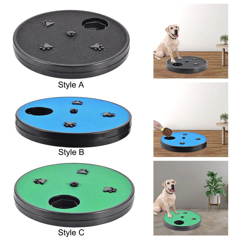 Square blue dog nail file scratching board with rotatable top and suction cup base on a wooden floor.