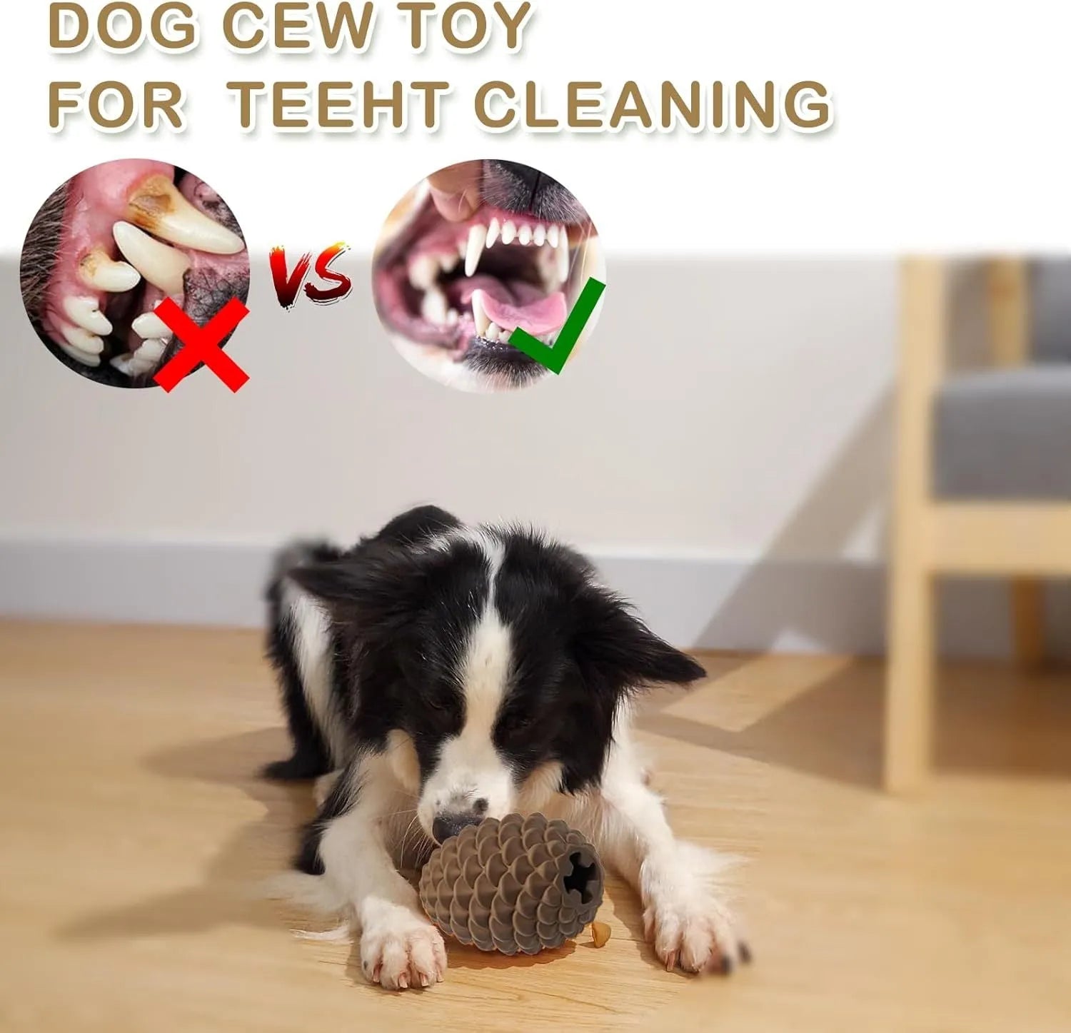 Yellow pine cone shaped natural rubber dog toy with treat dispenser hole