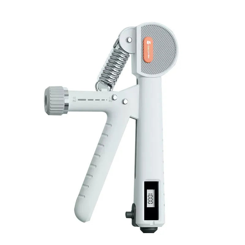 Adjustable spring grip strength trainer in ivory white, black, or green.