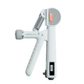 Adjustable spring grip strength trainer in ivory white, black, or green.