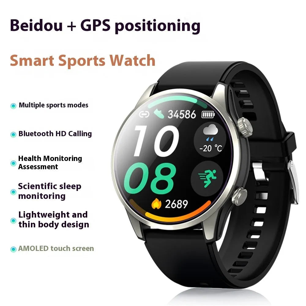 Intelligent dual-frequency positioning outdoor sports watch with heart rate monitor, black colour, alloy body, touch screen
