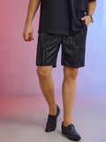Men's silver sequin straight-leg shorts with elastic waistband, shown alongside black colour option.