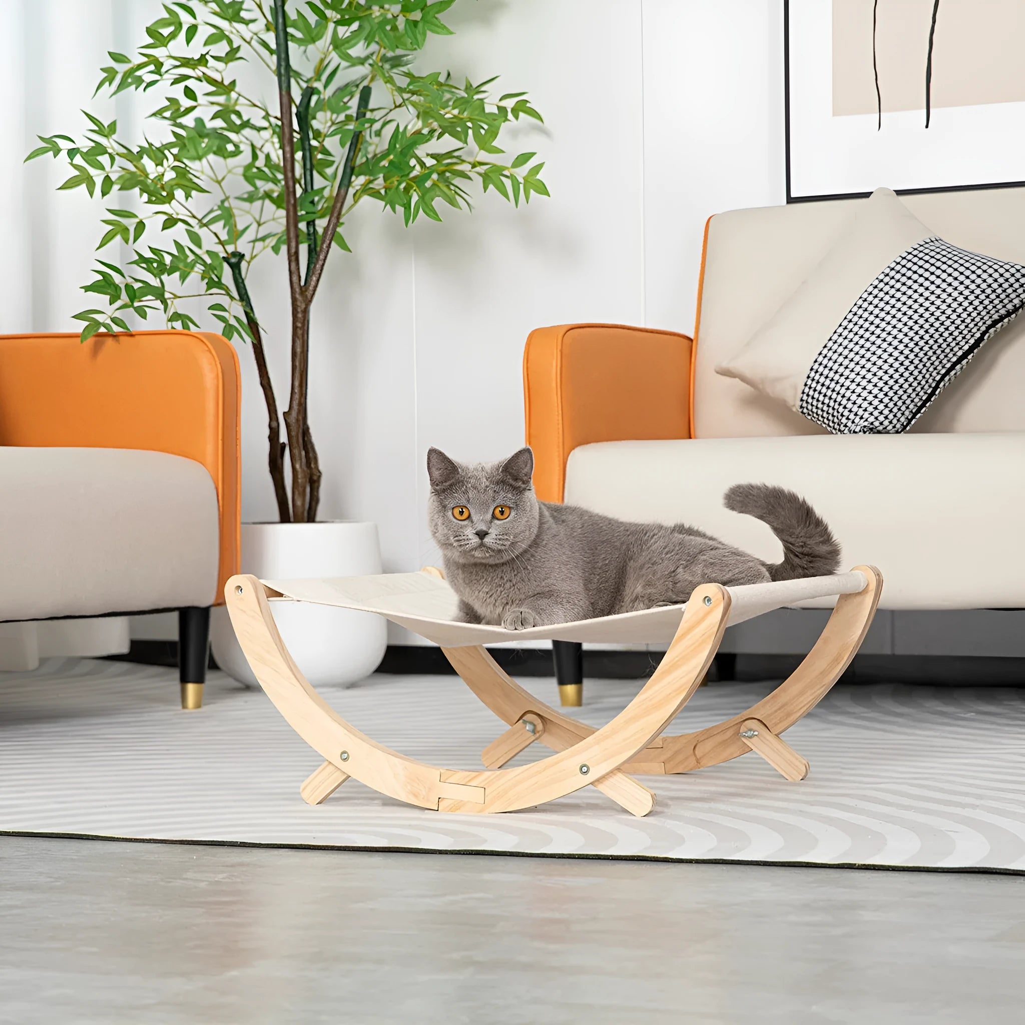 Solid wood frame foldable cat hammock bed with canvas and plush sleeping area