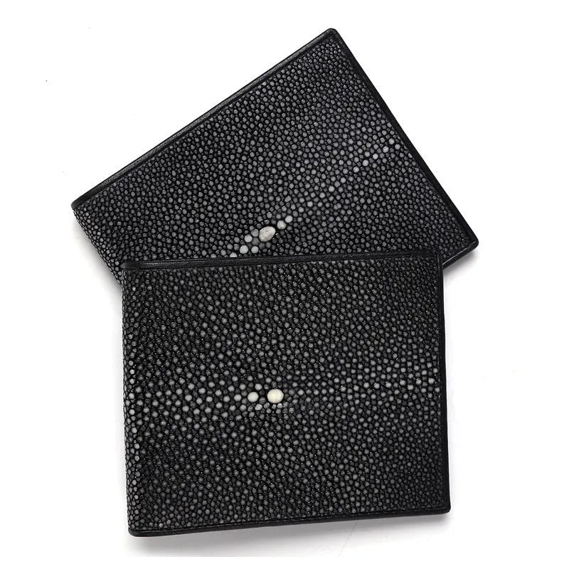 Women's short pearl fishskin leather wallet in horizontal square design with stitching detail