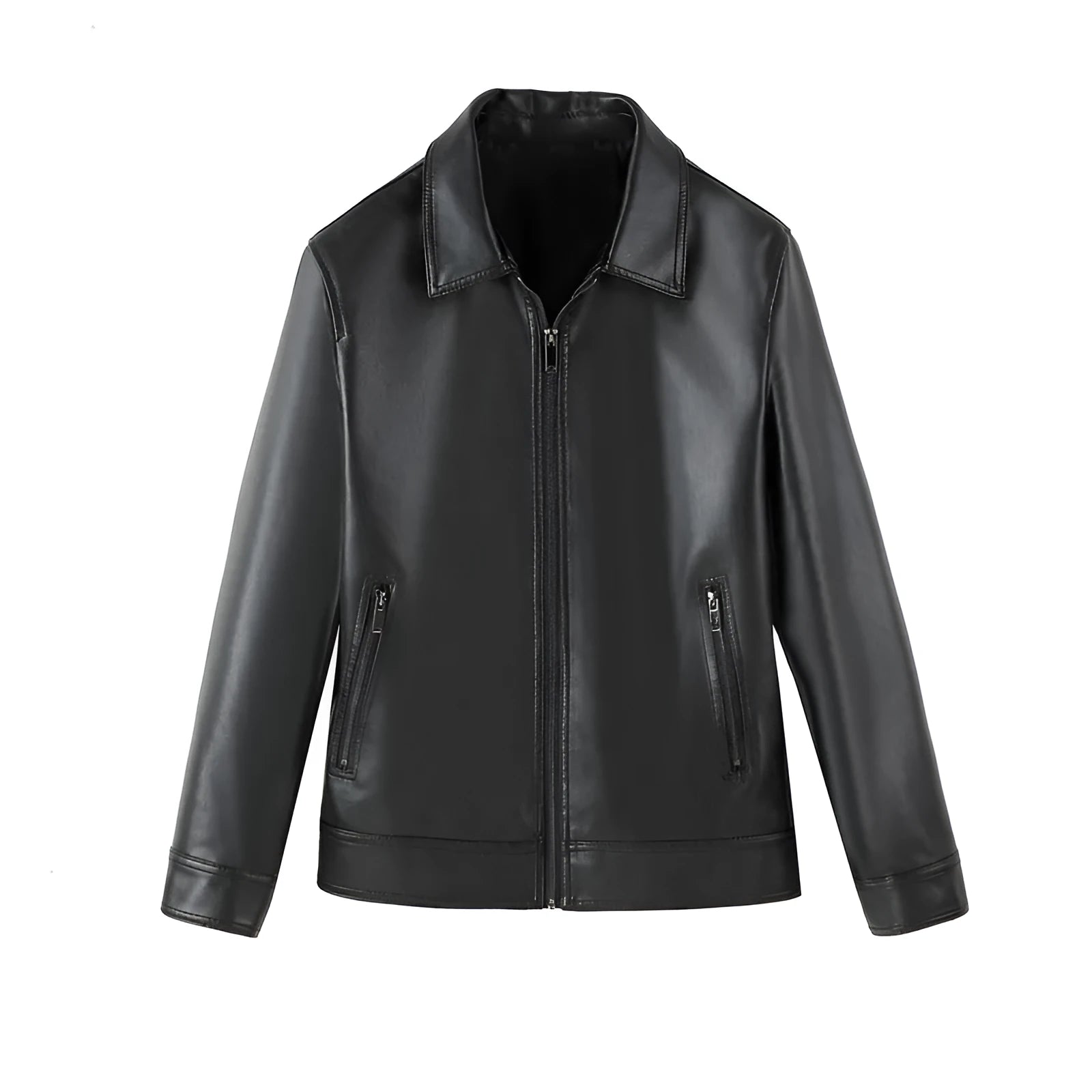 Men's black PU leather casual jacket with zipper pockets, loose fit design