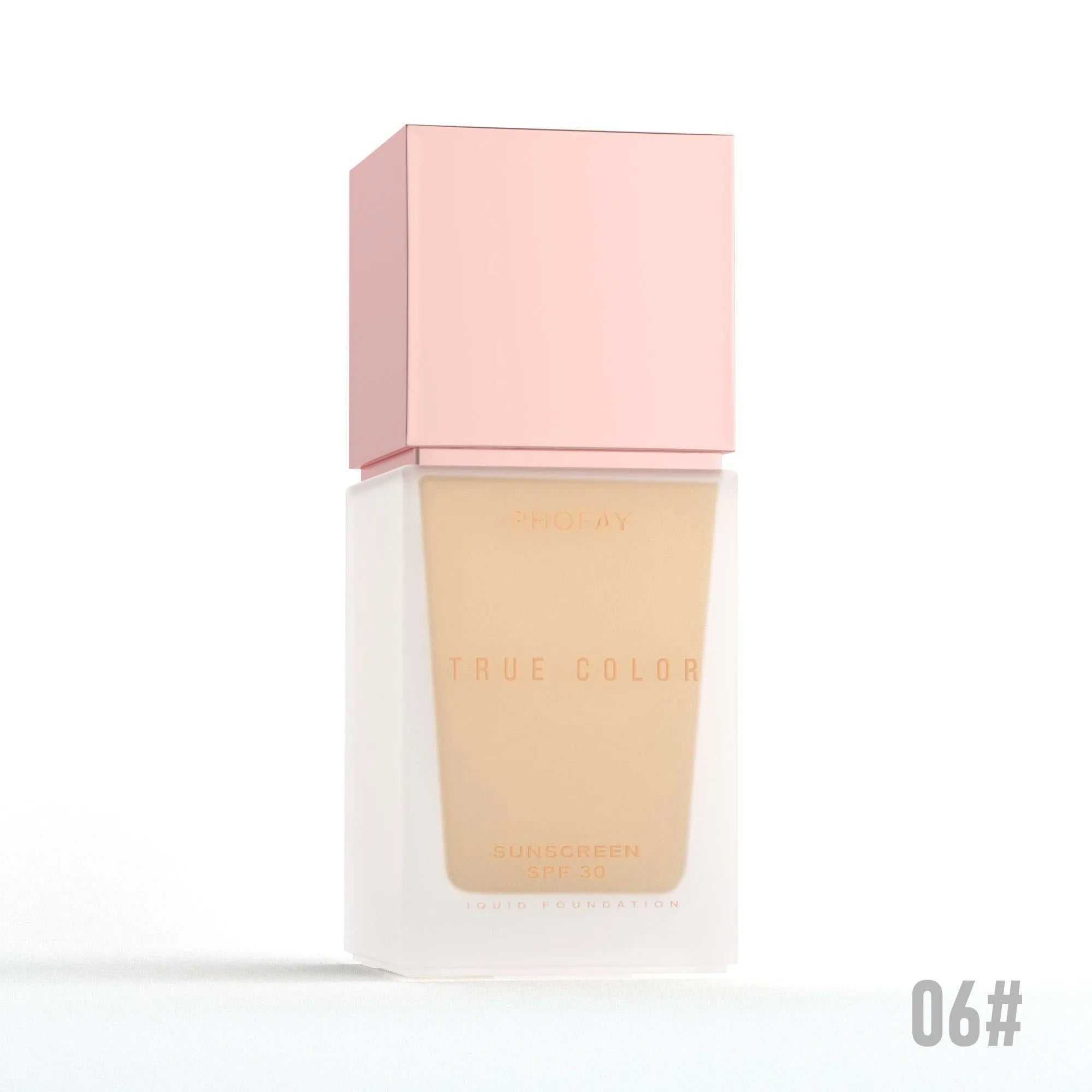 Matte sunscreen liquid foundation SPF 30 bottle with six colour shade options