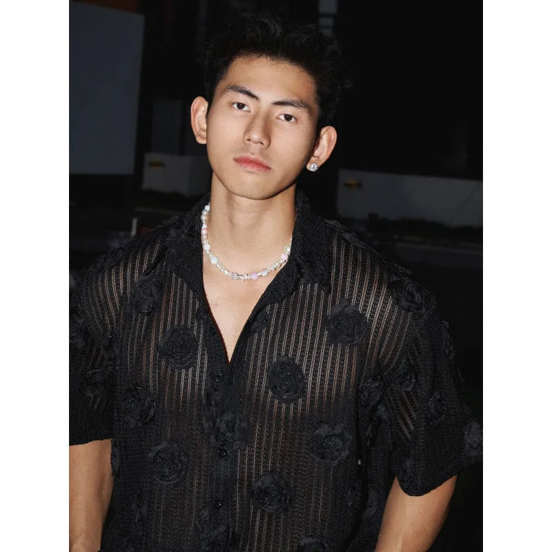 Heavy industry three-dimensional floral pattern short-sleeved shirt in polyester with wool lining for plus-size loose fit