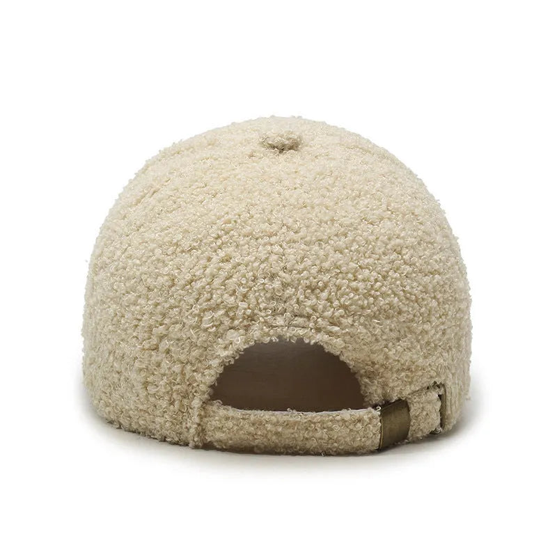 Adjustable winter baseball cap in thickened polyester lambskin fabric shown in multiple colour options