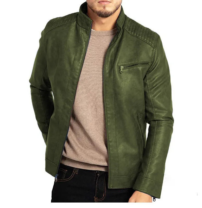 Men's punk style artificial leather motorcycle jacket with stand collar in Army Green colour