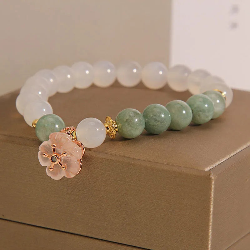 White agate and pink jade floral bracelet with adjustable beads for women
