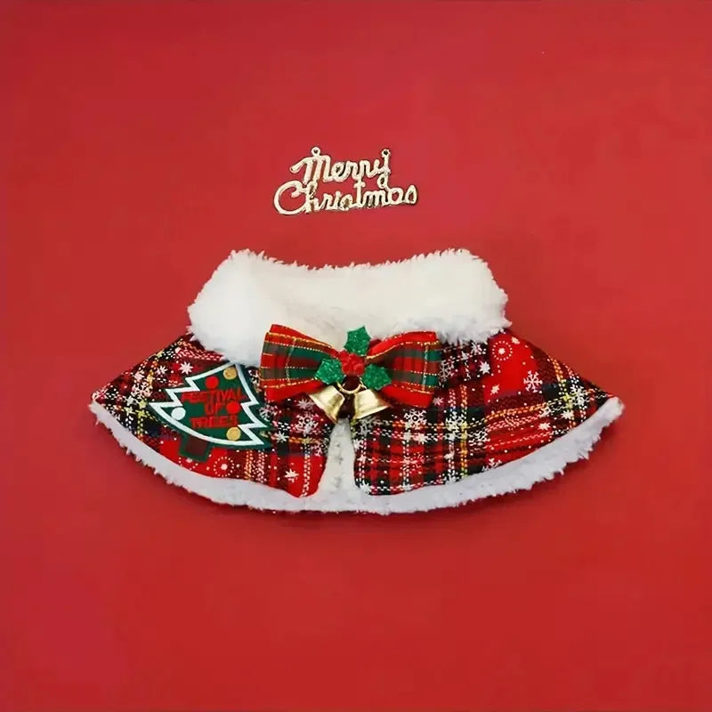 Red background pet Christmas cloak with bell design, shown on a dog, with adjustable scarf length.