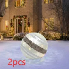 Large red and white striped inflatable PVC Christmas ball ornament with a 60cm diameter.