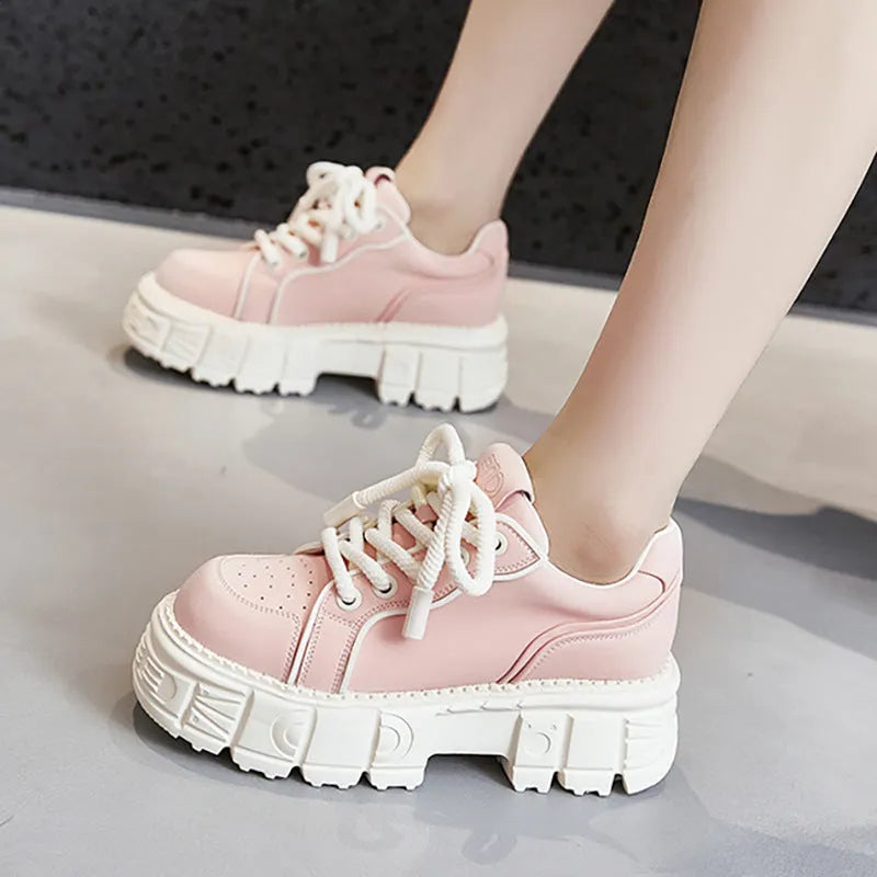 Beige and pink women's casual leather shoes with a spring muffin bottom design.