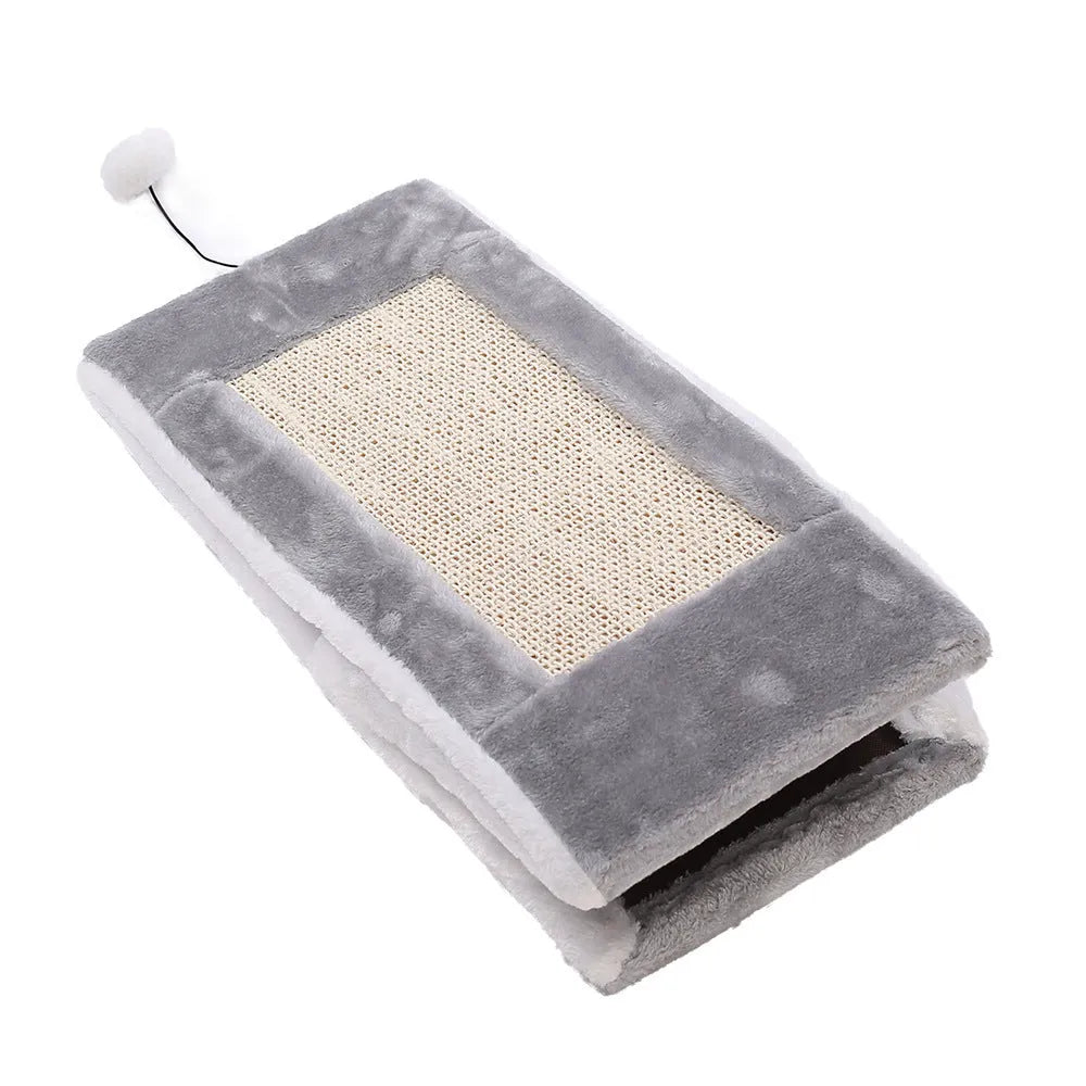 Triangular cat scratching toy and pet bed with sisal surfaces and plate fur covering in grey white colour