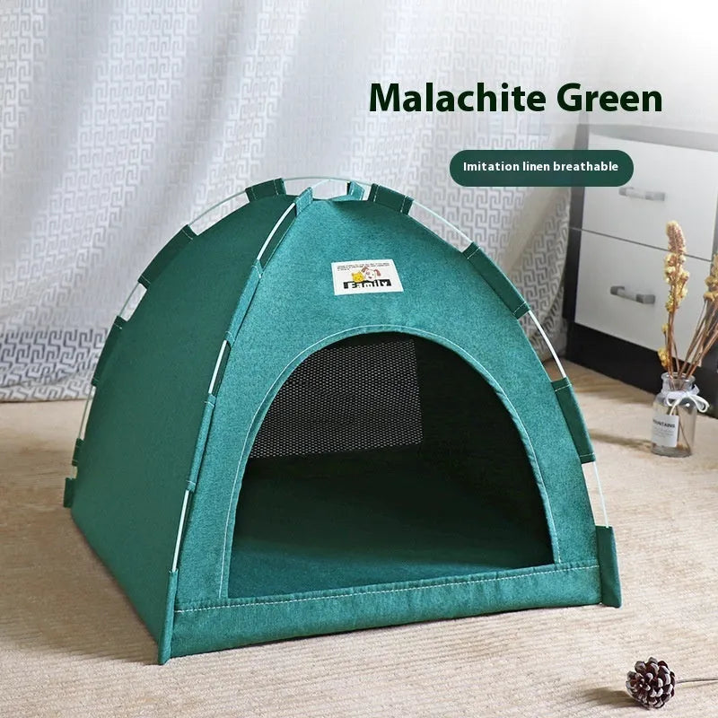 Grey tent-style pet bed for small dogs and cats with a removable washable cover.