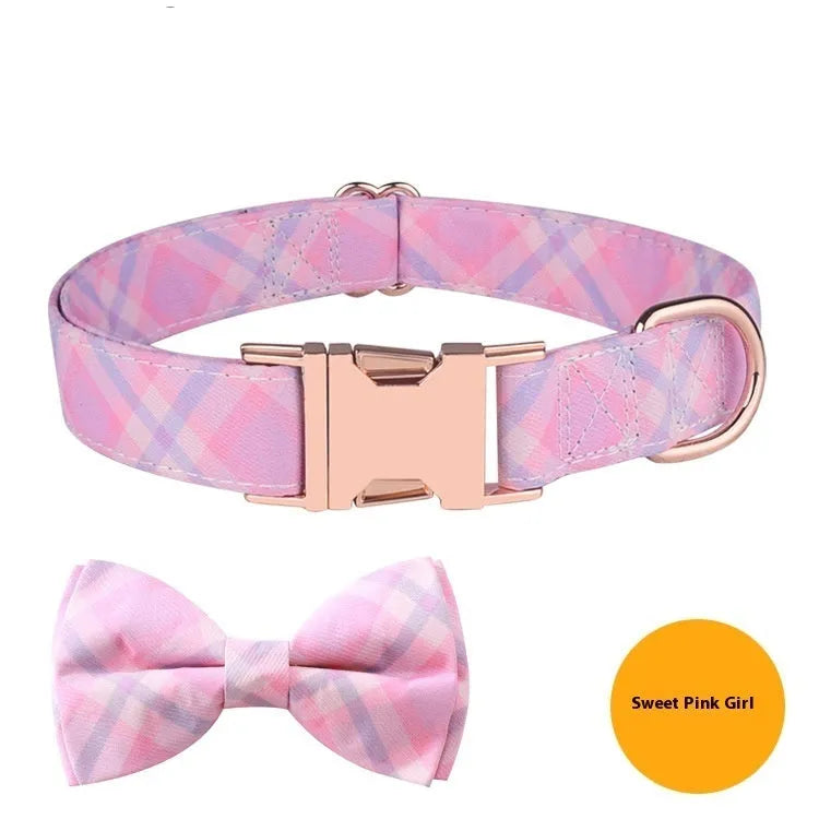 Polyester pet collar with rose gold buckle and decorative bow in multiple colour options