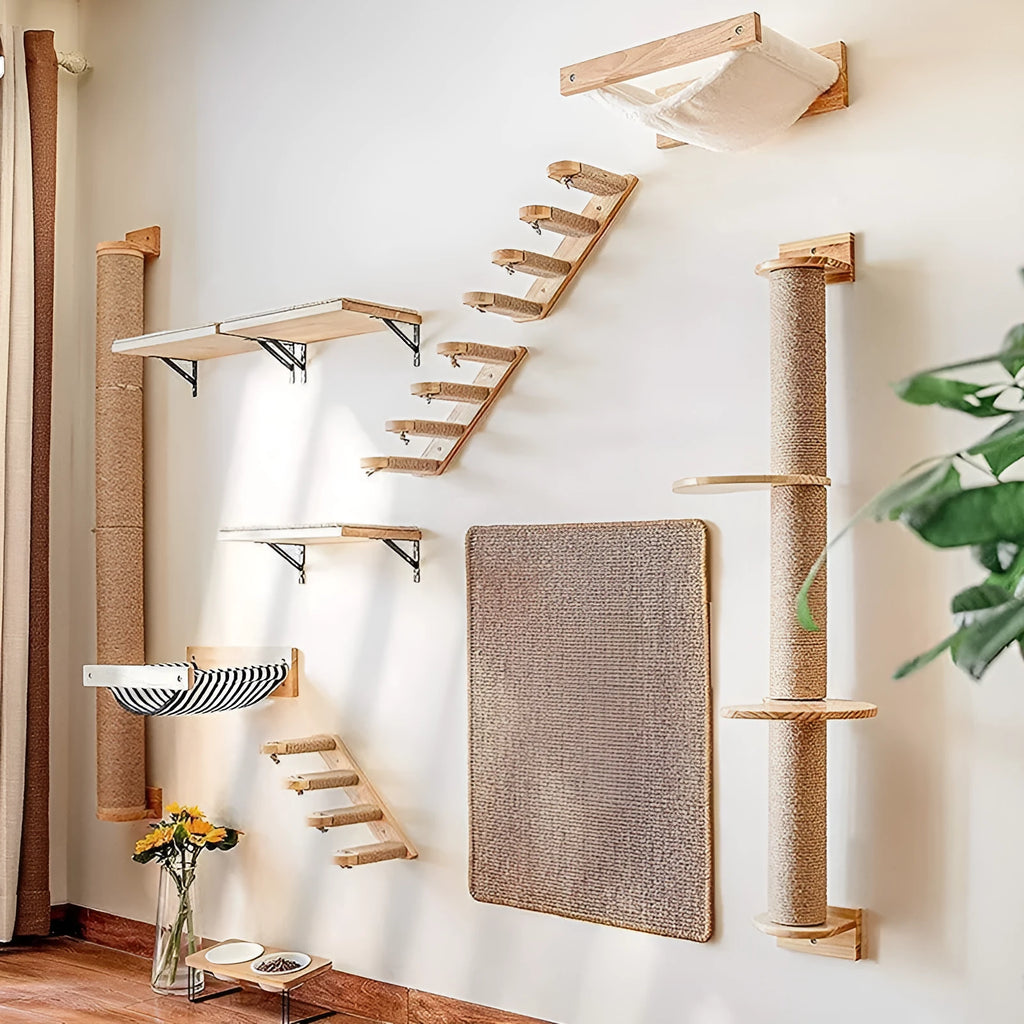 Wooden wall-mounted cat climbing frame with sisal rope scratching posts and khaki fabric panels