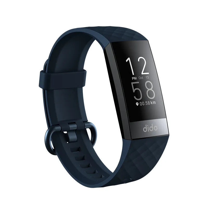 Black smart bracelet on wrist showing blood pressure and heart rate data on its 1.1-inch screen.