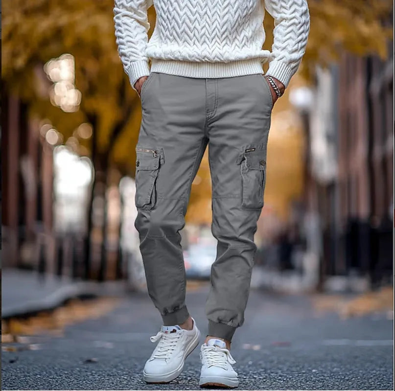 Men's oversized cotton trousers in brown, loose waist with drawstring, tapered leg, sizes 29-40