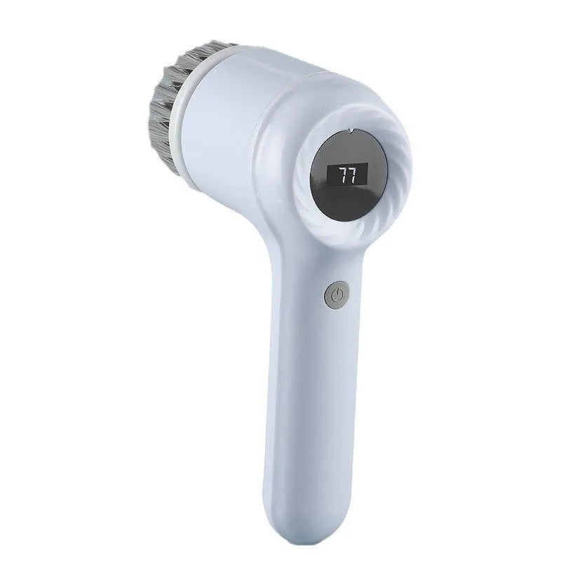 USB electric cleaning brush in light grey or purple with interchangeable cleaning heads for kitchen use