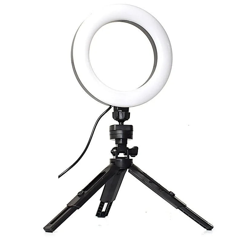 Black desktop mobile phone bracket with adjustable fill light on tripod for video recording