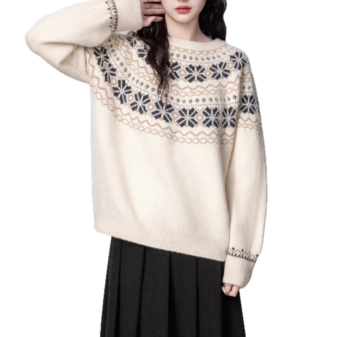 Women's milky white fair island geometric pattern knitted pullover sweater with crew neck.