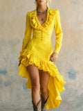 Ruffled no-wash denim fabric dress for women, high waist, long sleeves, available in eight colours and sizes S to 3XL