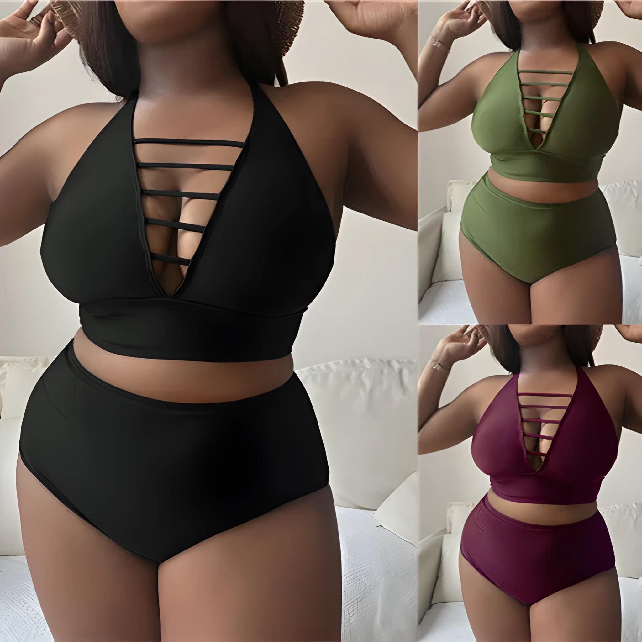 Plus size halter bikini with adjustable straps and high-waisted briefs in solid colour