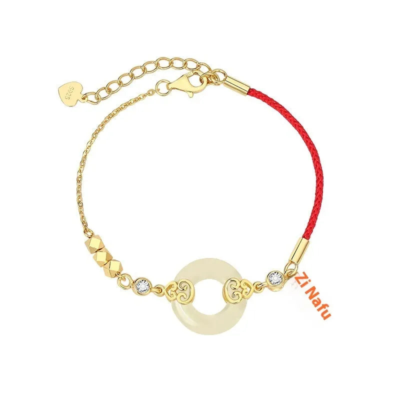 Chinese style sterling silver jewellery set showing gourd bracelet, Fu character necklace, and earrings with Hetian jade inlay.