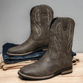 Men's retro western cowboy worker boots in brown, round toe PU leather with rubber sole, side view