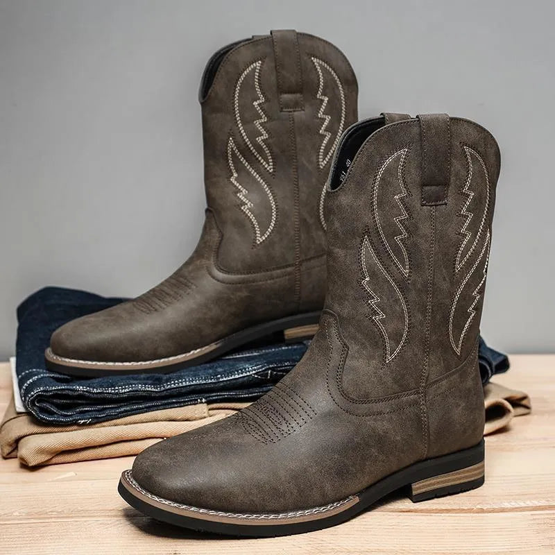 Men's retro western cowboy worker boots in brown, round toe PU leather with rubber sole, side view
