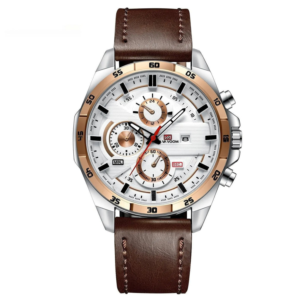 Men's stainless steel quartz watch with calendar display in rose gold and black colour option.
