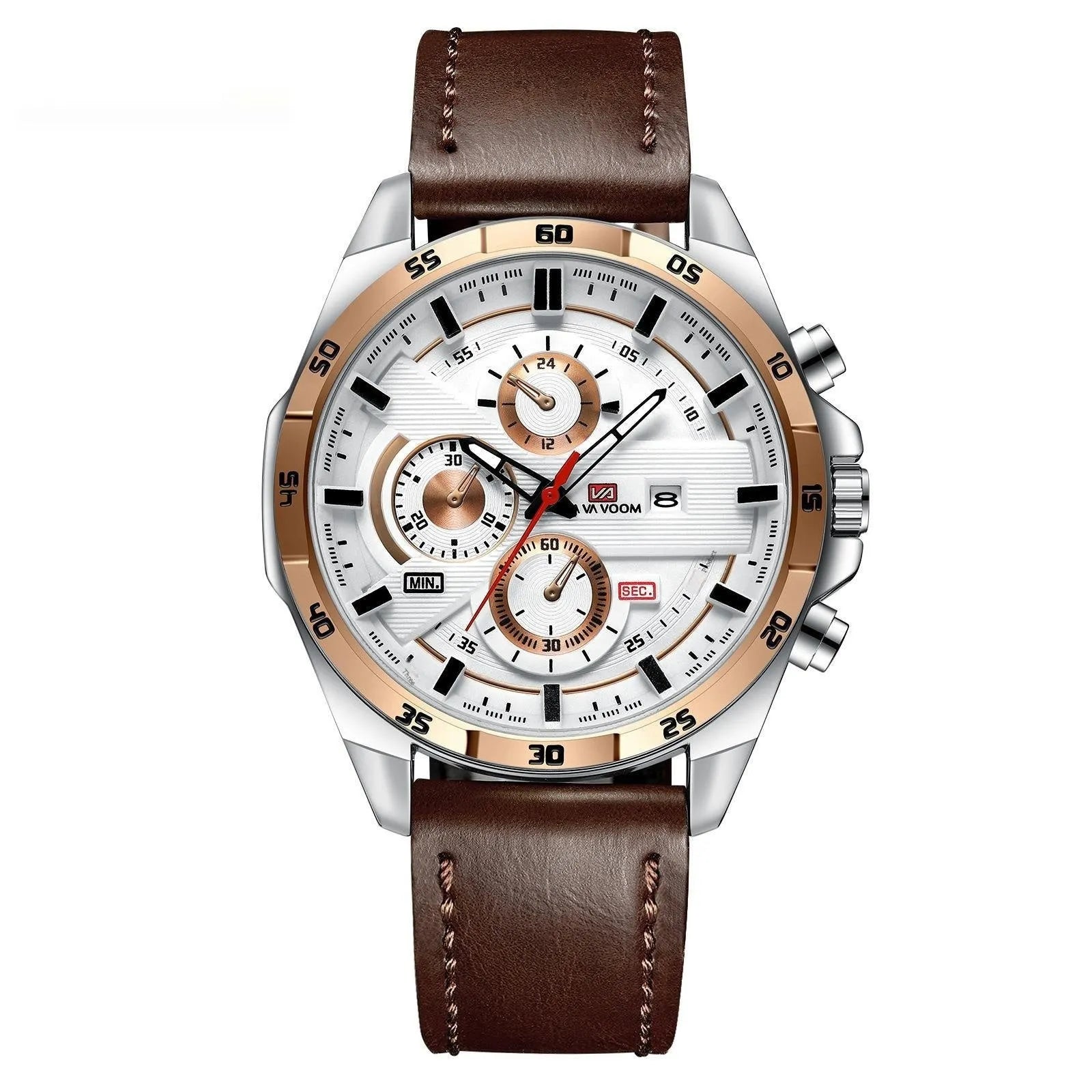 Men's stainless steel quartz watch with calendar display in rose gold and black colour option.