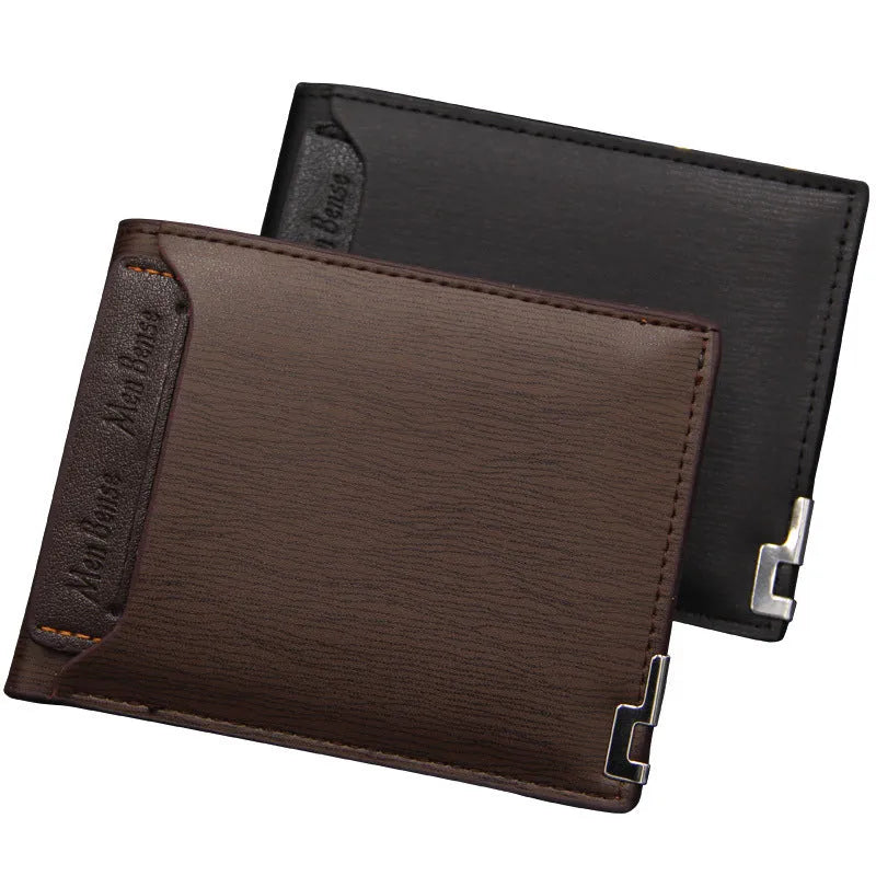 Men's black PU leather short wallet showing iron-edge card-picking slots and phone compartment.