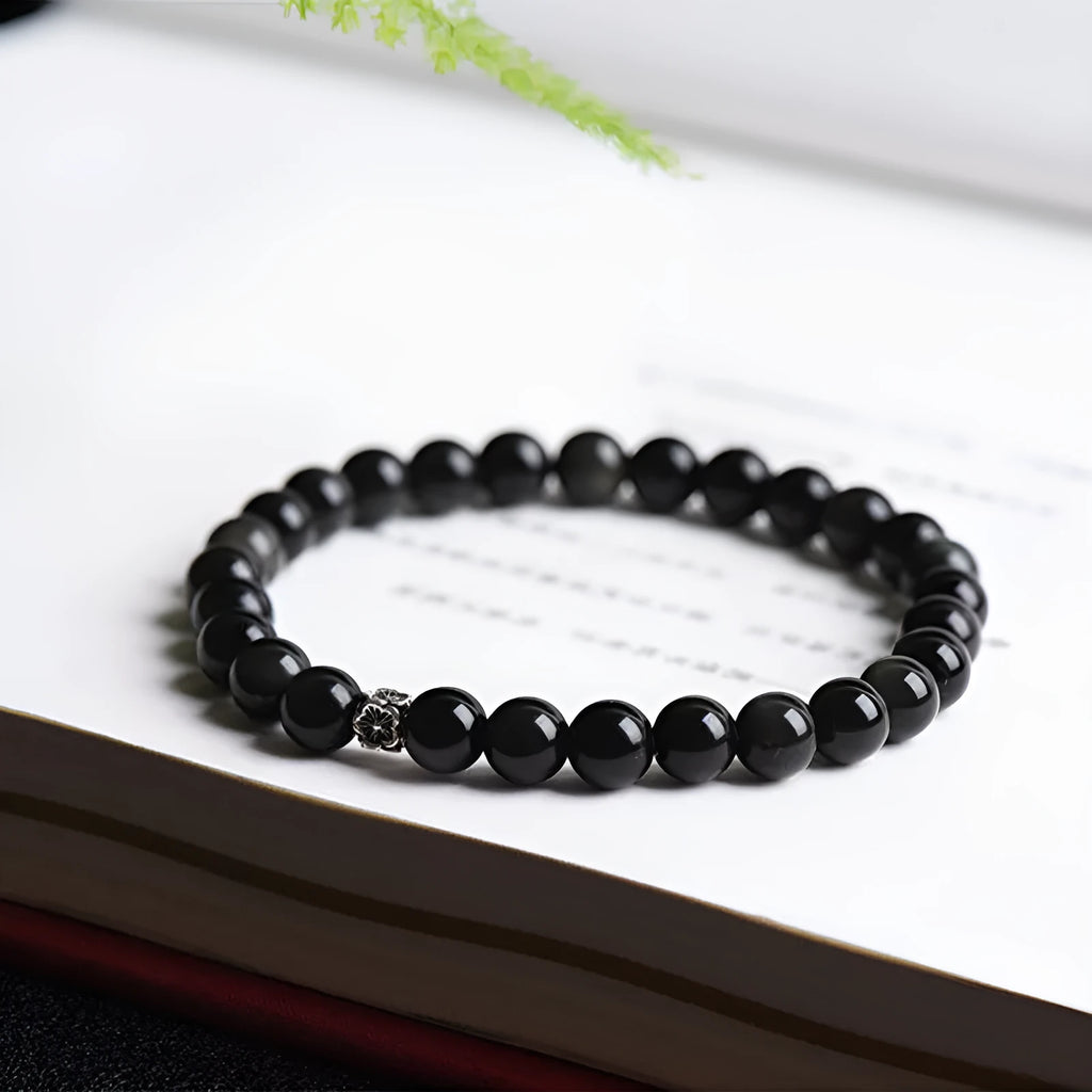 Natural obsidian bracelet with S925 silver small flower accessories featuring dragon phoenix decorations