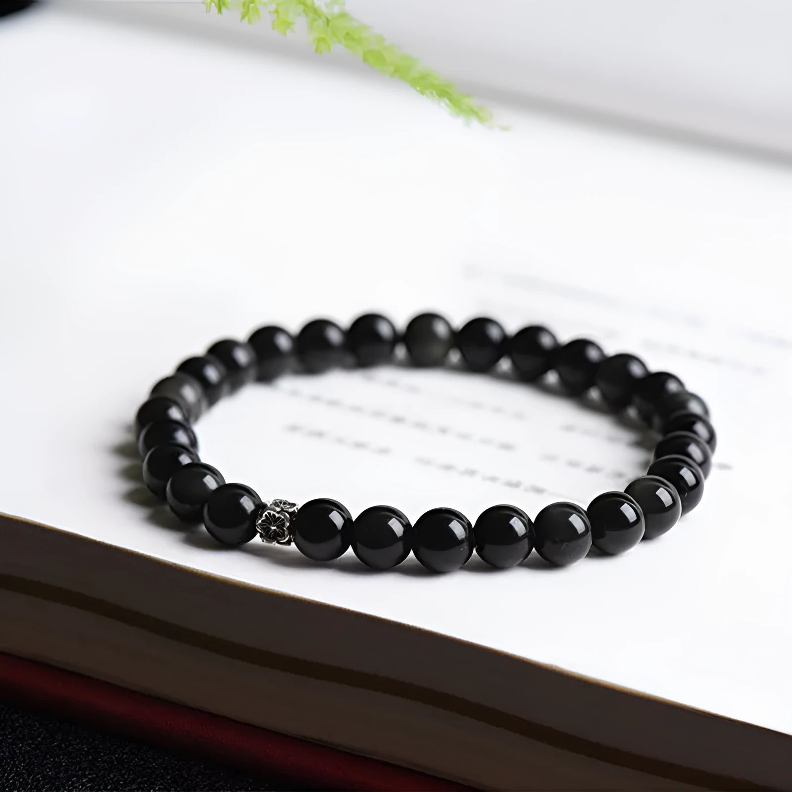 Natural obsidian bracelet with S925 silver small flower accessories featuring dragon phoenix decorations
