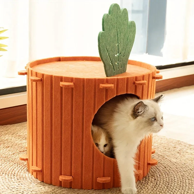 Carrot colour felt cat tunnel nest with semi-enclosed design showing drilled ventilation pattern