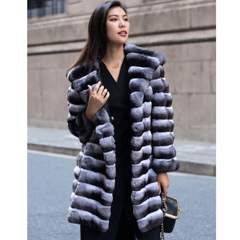 Women's mid-length zebra stripe faux fur overcoat with Japanese Korean casual style