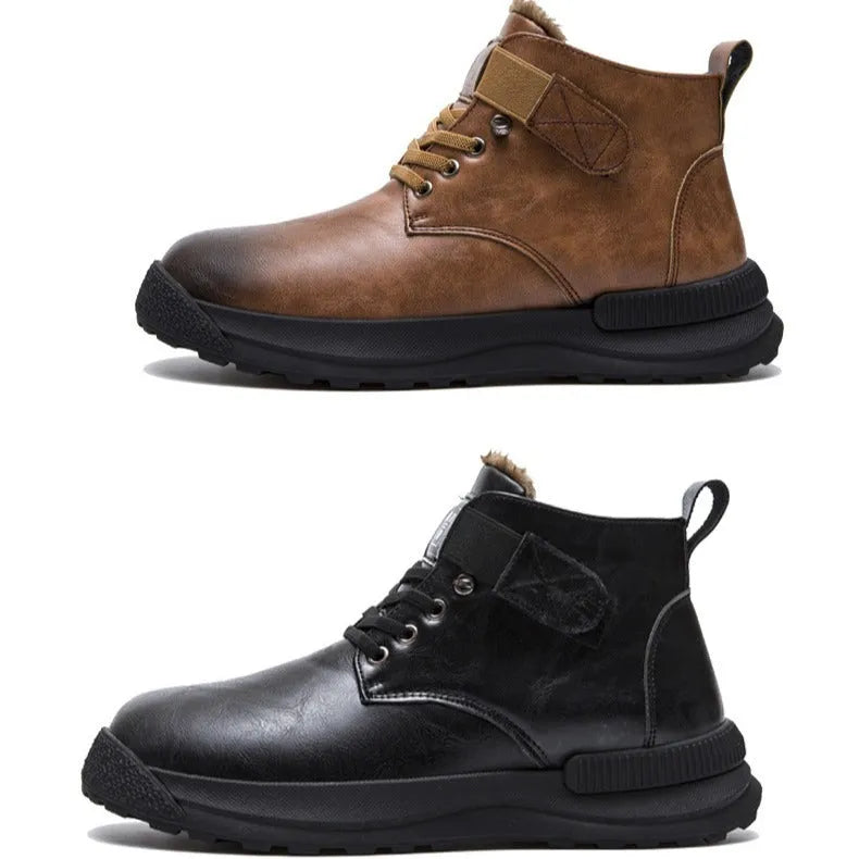 Men's black high-top platform Martin Boots with velvet-like PU upper and rubber sole