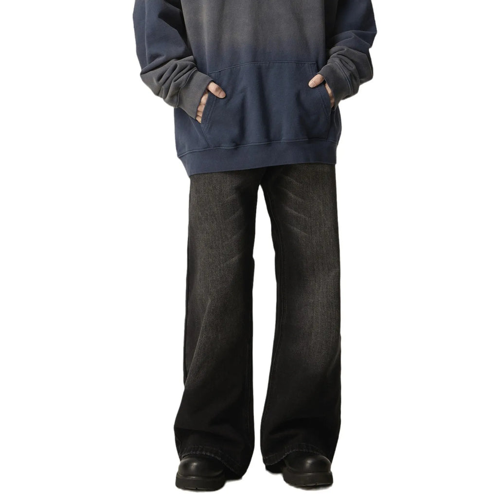 Black loose straight leg jeans with American retro styling and zipper fly