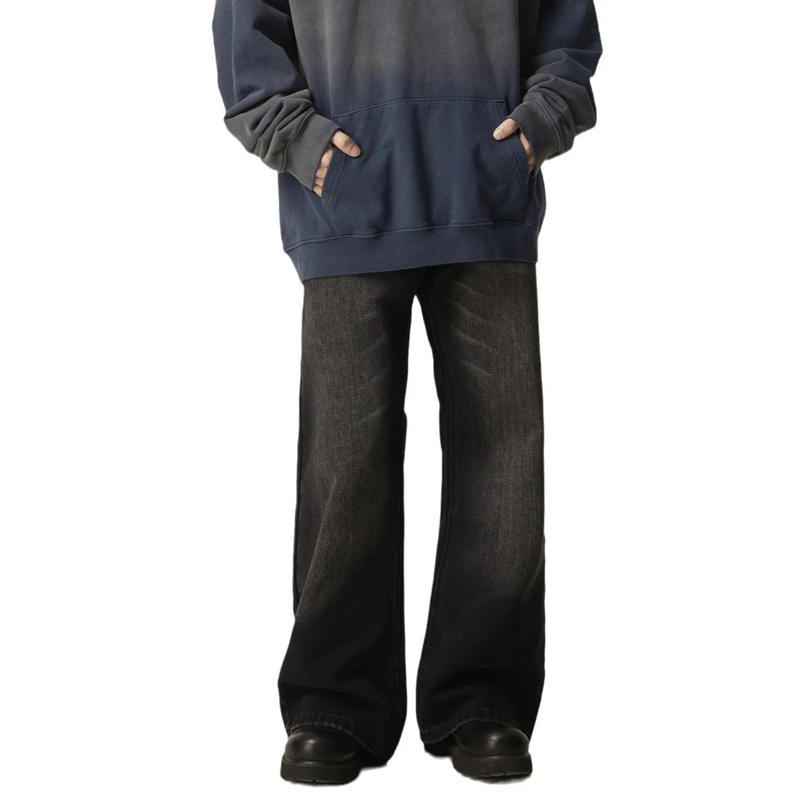 Black loose straight leg jeans with American retro styling and zipper fly