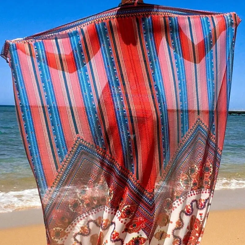 Women's three-piece swimsuit set showing high-waist briefs, a cutout blouse, and a matching coat in polyester.