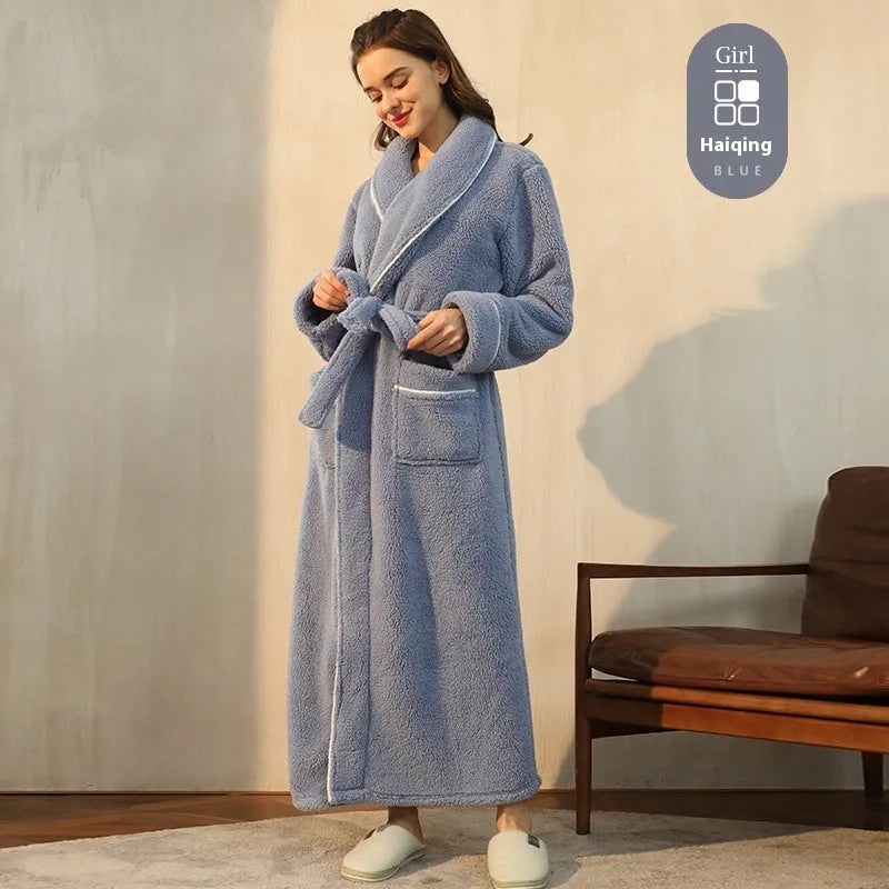 Thick flannel winter bathrobe for couples in multiple colour options like navy blue and cherry yellow.