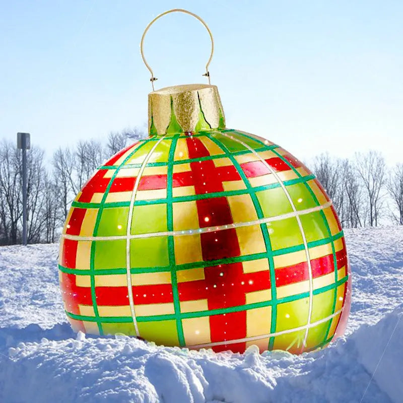 Large red and white striped inflatable PVC Christmas ball ornament with a 60cm diameter.