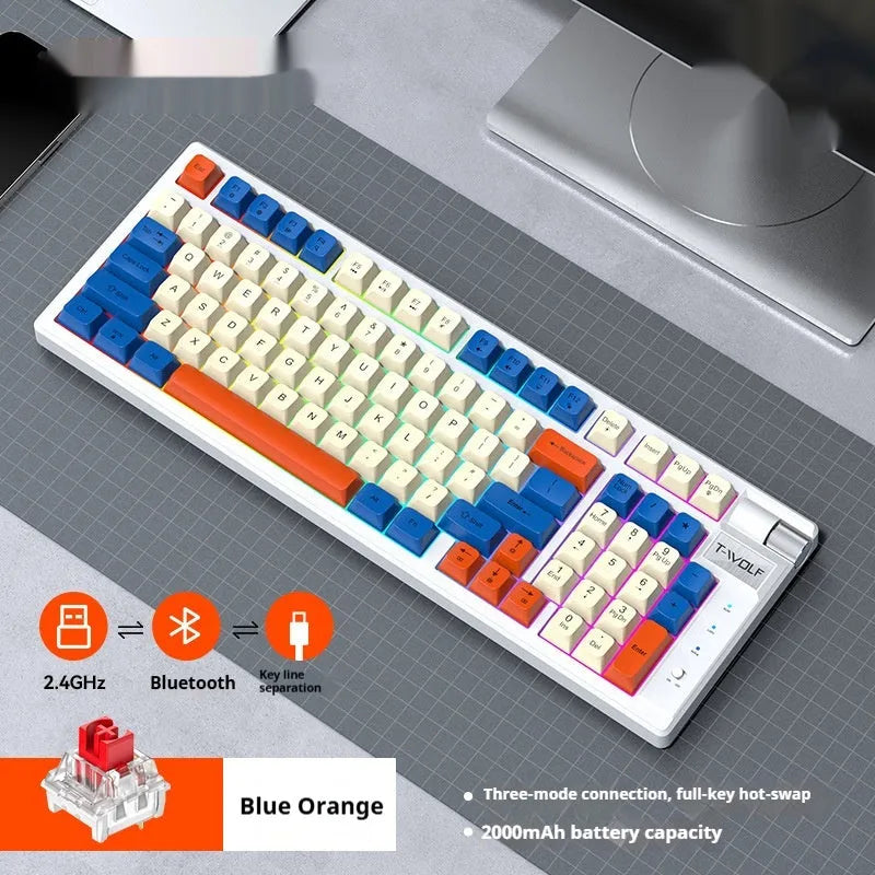 Bluetooth wireless mechanical gaming keyboard with blue orange switches and USB receiver