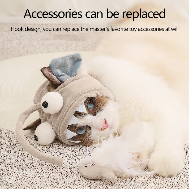 Grey big eye fish design cat toy with feather head teaser and adjustable neckband