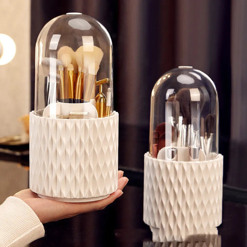 Transparent acrylic makeup brush storage box with rotating base and white brush tubes